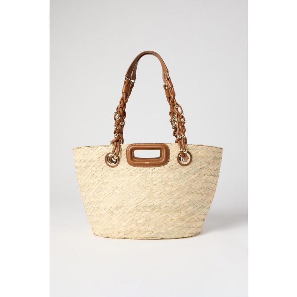 Maje Brown Raffia Bag with Scuffed Leather Handle and Broken Weave on Corner